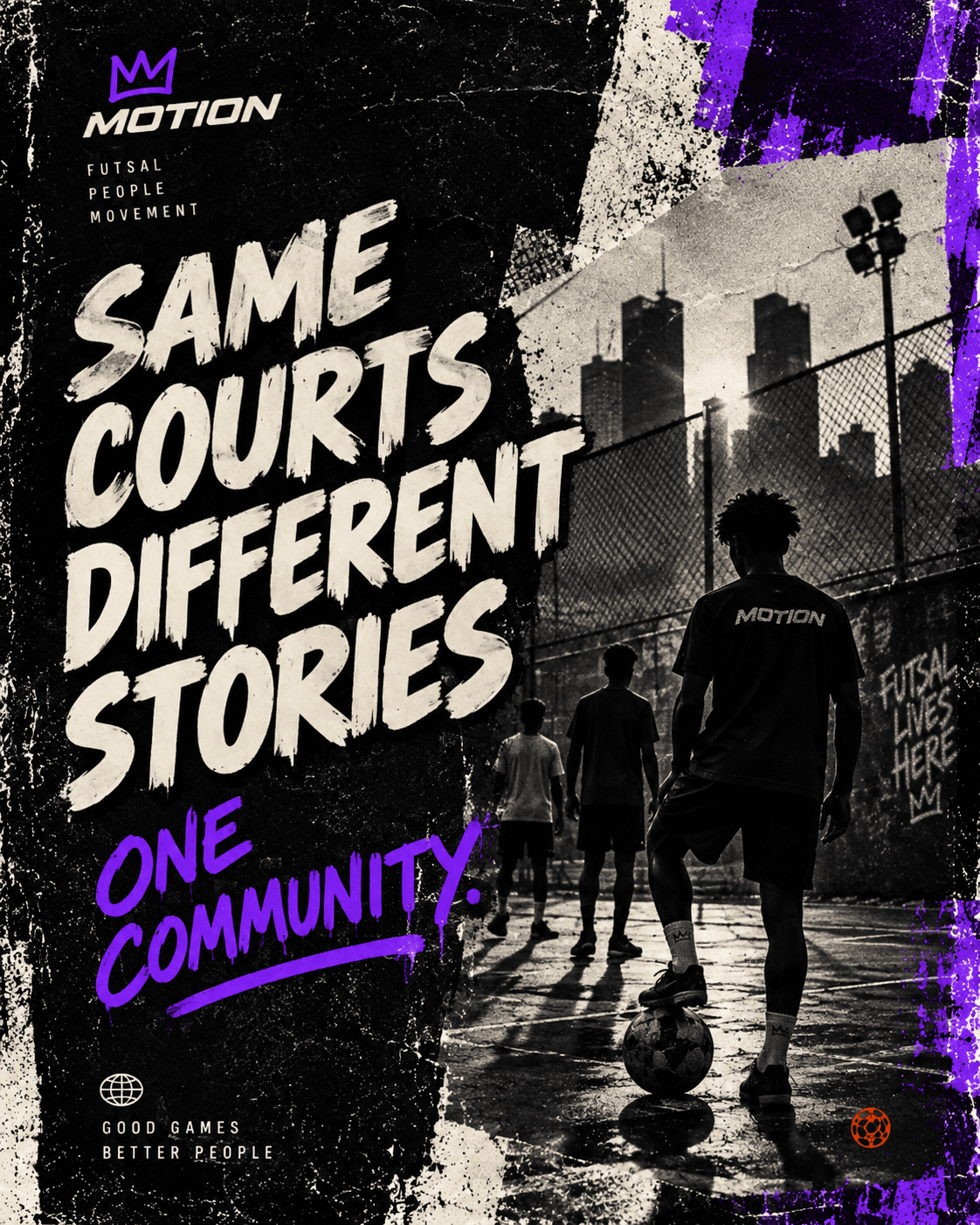 MOTION — Same courts, different stories. One community. Voetballers op een buitenveld in zwart-wit en paars.